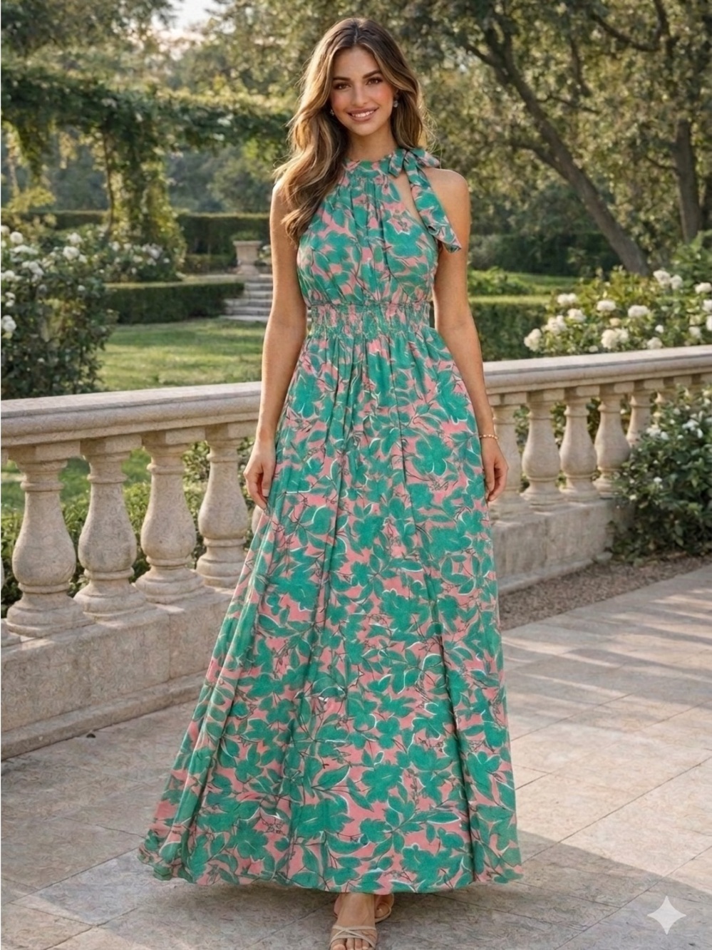 Meet Me In Santorini Chic Floral Maxi Dress in Green and Pink